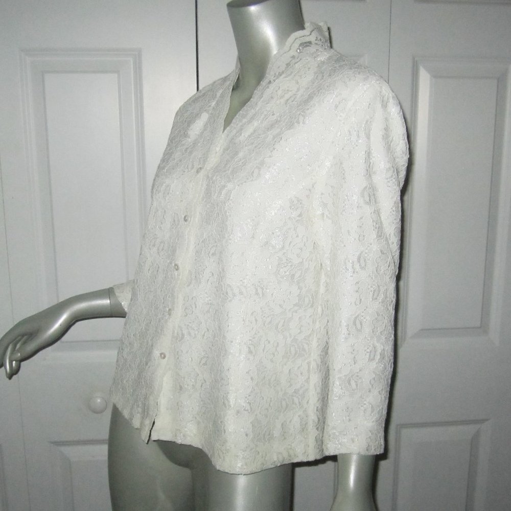 Talbots White Lace Lined Button-Down Jacket Blouse - image 3